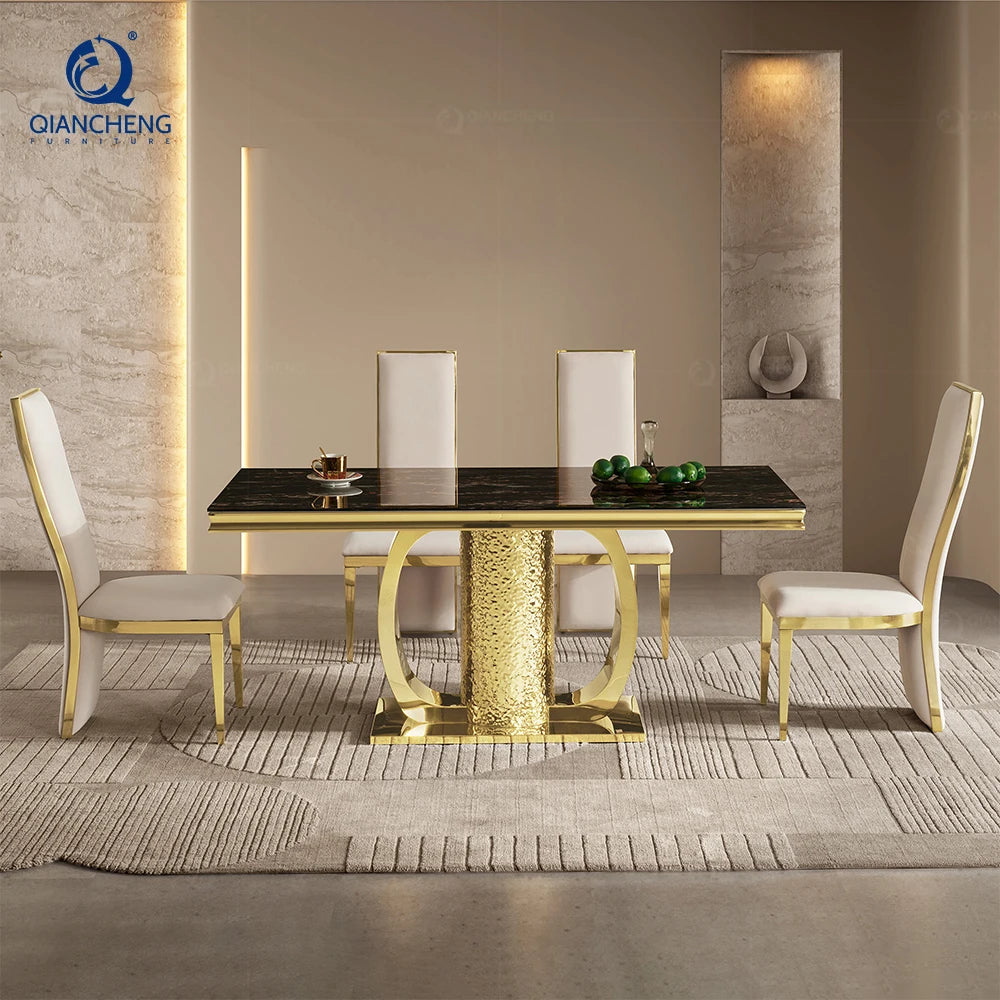 Italian Household Dining Room Furniture Golden Stainless Steel Frame Glass Top Dining Table Modern Luxury