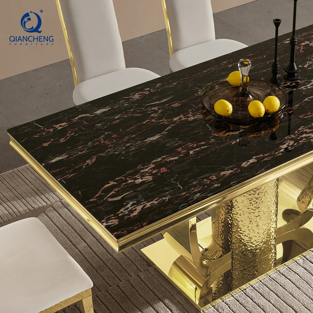 Italian Household Dining Room Furniture Golden Stainless Steel Frame Glass Top Dining Table Modern Luxury
