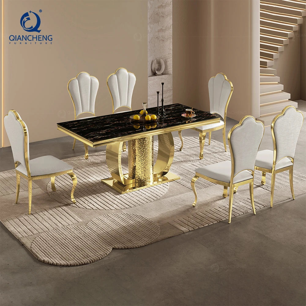 Italian Household Dining Room Furniture Golden Stainless Steel Frame Glass Top Dining Table Modern Luxury