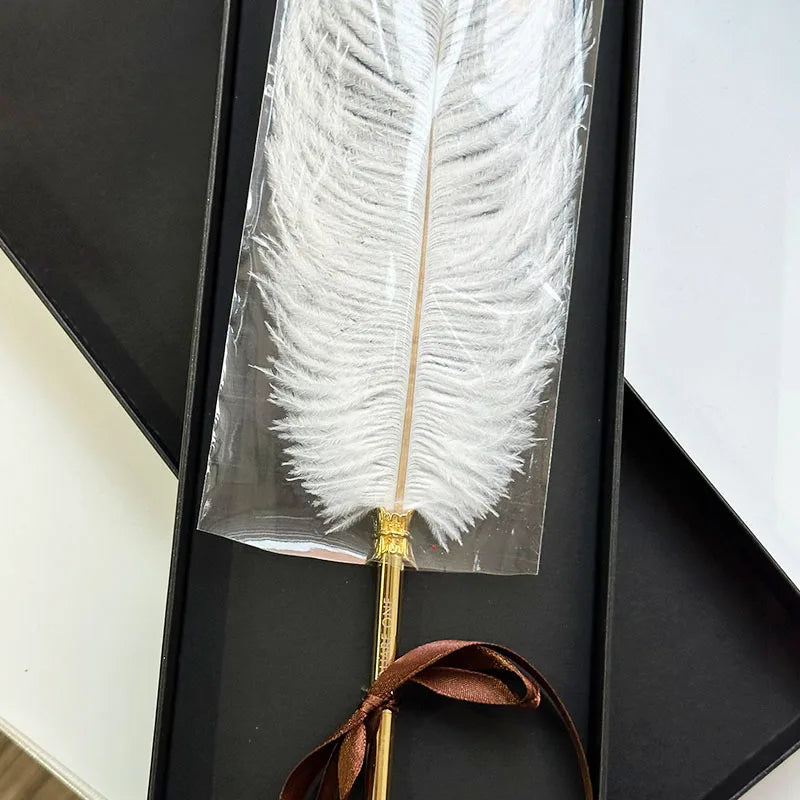 High Quality White Ostrich Quill Pen with Black Gift Box