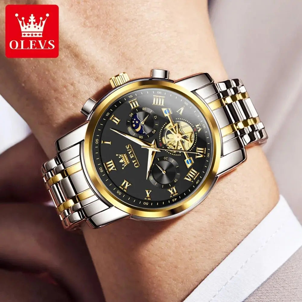 OLEVS 2856 Luxury OEM Custom Stainless Steel Tourbillon Style Multifunctional Chronograph Sport Fashion Quartz Watch for Man