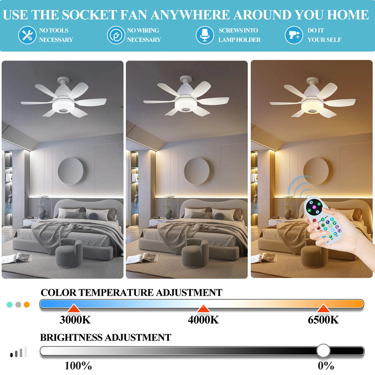 Ceiling Led Fan Light Moving Head Intelligent Dimming Fan Bulb Home Decor 360 Rotating Remote Control Modern E27 Ceiling Fan