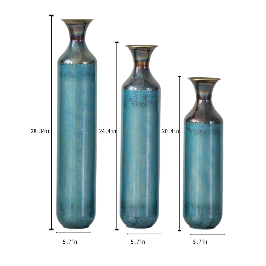 Tall Blue Burnt Finish Torch-Fired Metal Floor Vase Set 3 28.34 24.4 20.4 Inch Rustic Flower Vases for Home Decor