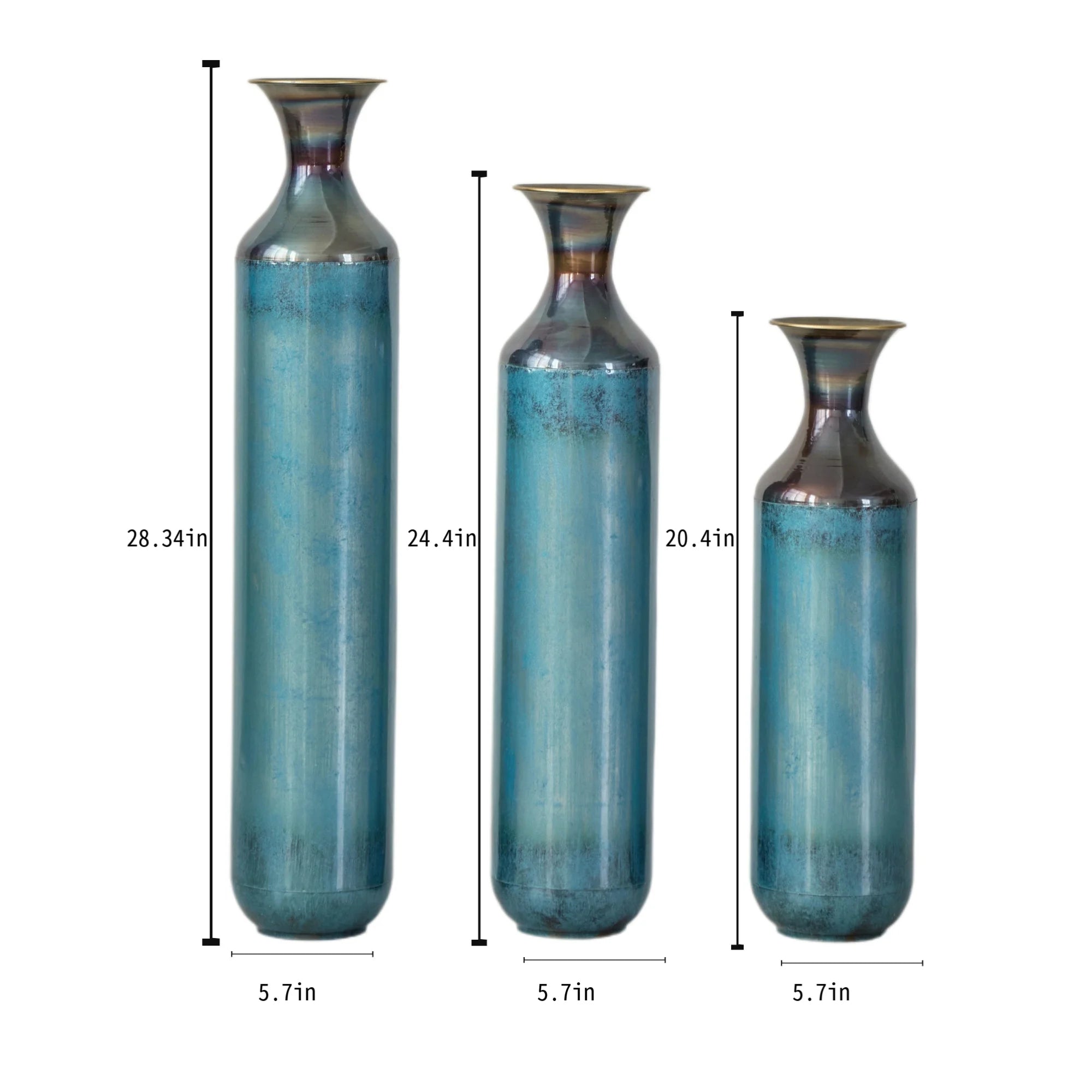 Tall Blue Burnt Finish Torch-Fired Metal Floor Vase Set 3 28.34 24.4 20.4 Inch Rustic Flower Vases for Home Decor