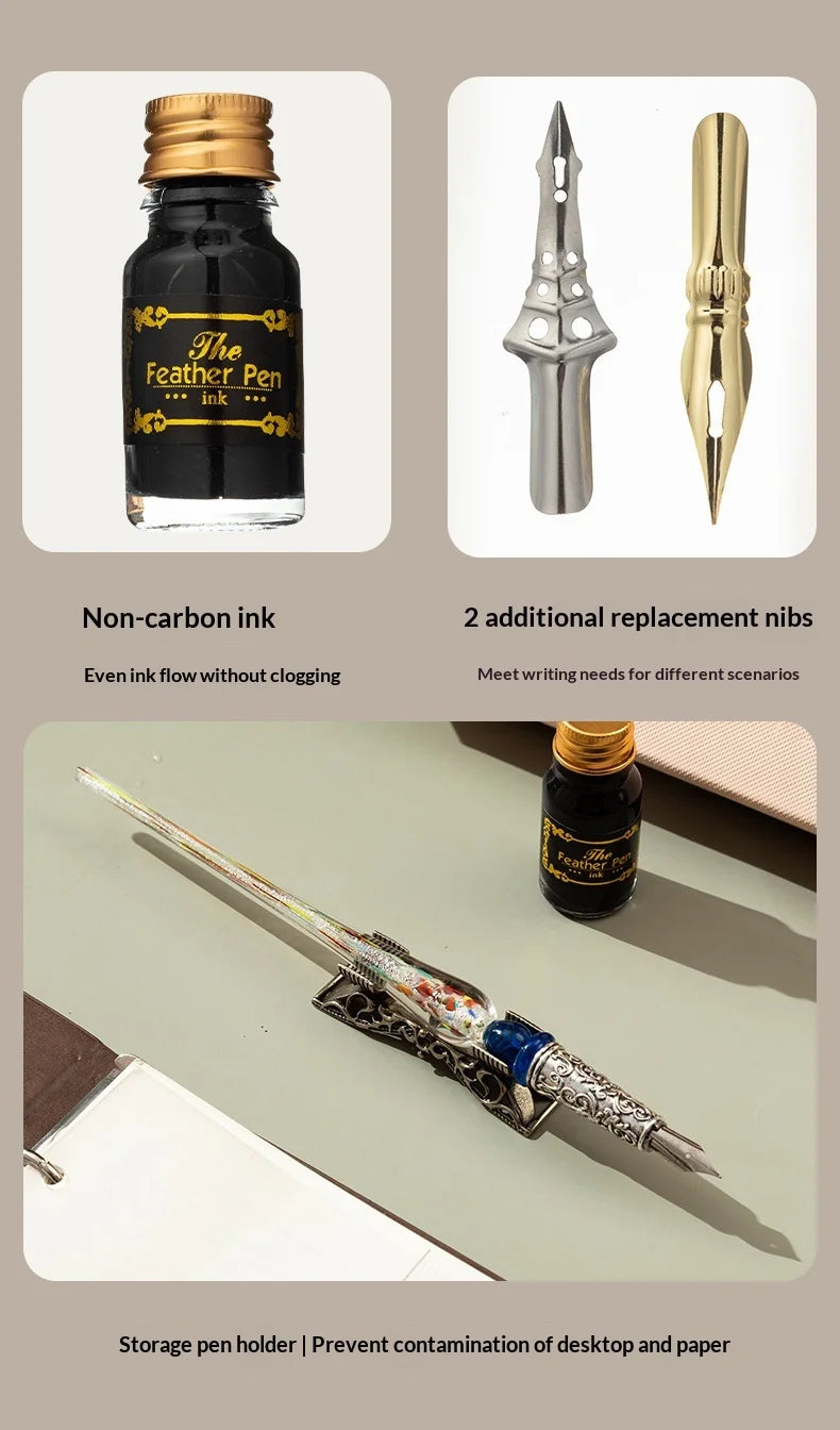 Creative Starry Sky Gold Crystal Glass Retro Student Calligraphy Metal Dip Pen Set with Stainless Steel Tip in Gift Box