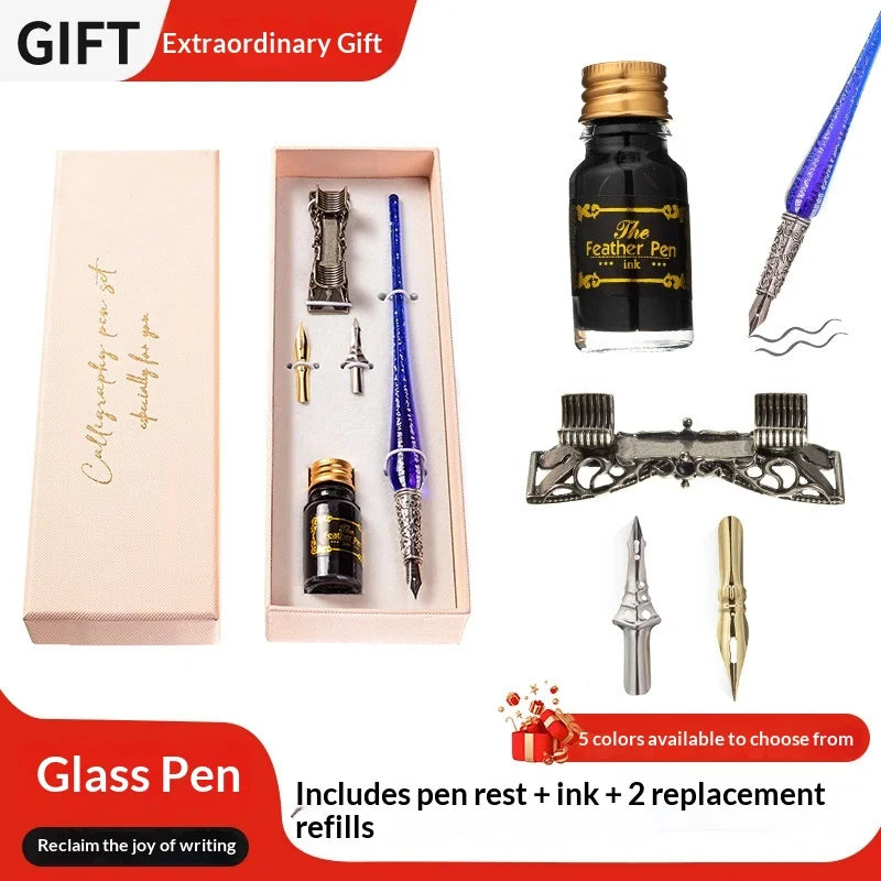 Creative Starry Sky Gold Crystal Glass Retro Student Calligraphy Metal Dip Pen Set with Stainless Steel Tip in Gift Box