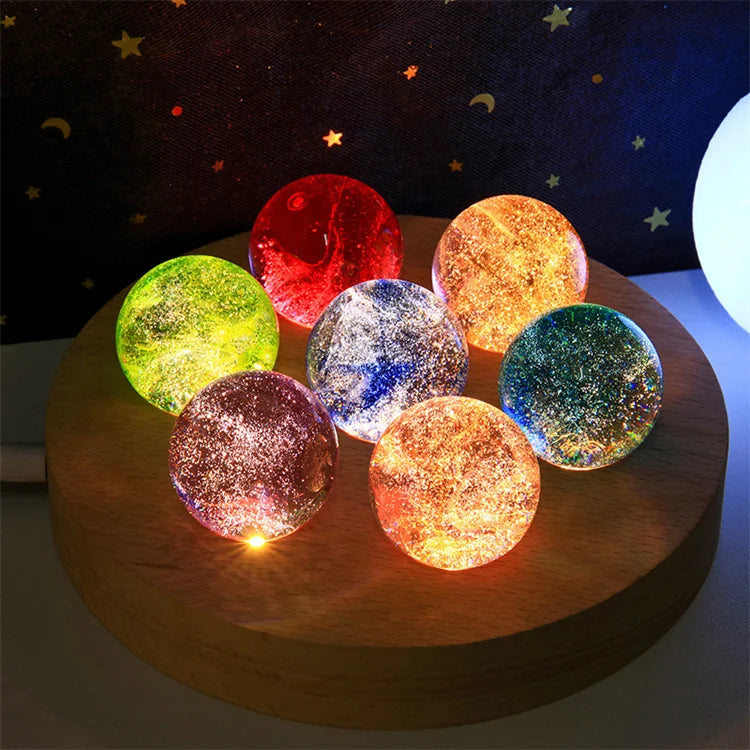 3D Colorful Lamp Warm Colour Solar System Crystal Ball USB Glowing Planet Desktop Led Night Light With Wood Base