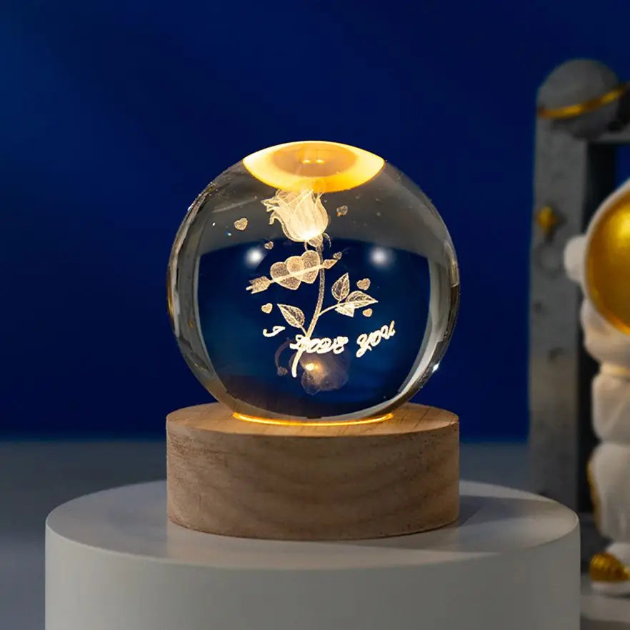 6CM 8cm 3D Art Crystal Ball USB Night Light Moon Planet Solar System Astronaut Led Light Glass Ball LED Lamp With Wood Base