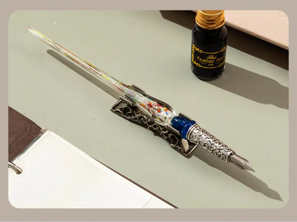 Creative Starry Sky Gold Crystal Glass Retro Student Calligraphy Metal Dip Pen Set with Stainless Steel Tip in Gift Box