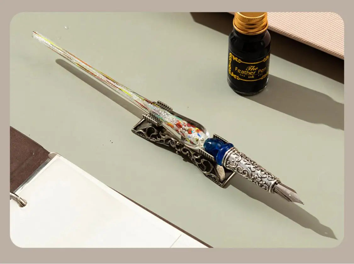 Creative Starry Sky Gold Crystal Glass Retro Student Calligraphy Metal Dip Pen Set with Stainless Steel Tip in Gift Box