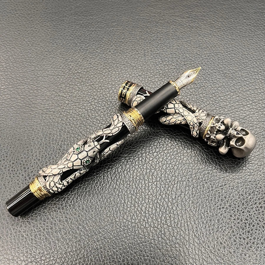 Jinhao Black Snake Fountain Pen Medium Nib Retro Style With Skull Head Solid Metal Design Calligraphy Pen