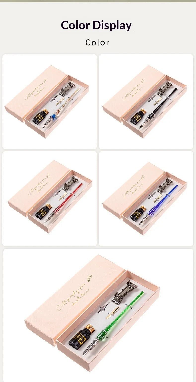 Creative Starry Sky Gold Crystal Glass Retro Student Calligraphy Metal Dip Pen Set with Stainless Steel Tip in Gift Box