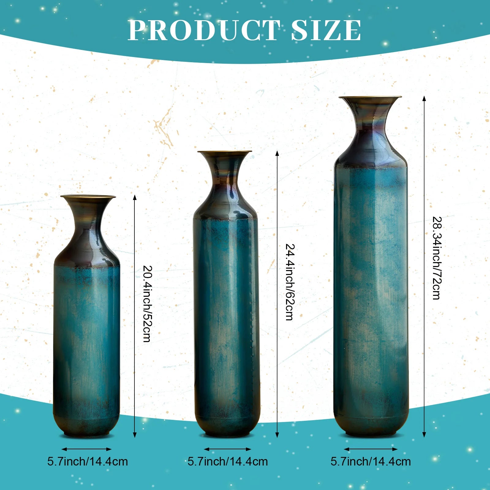 Tall Blue Burnt Finish Torch-Fired Metal Floor Vase Set 3 28.34 24.4 20.4 Inch Rustic Flower Vases for Home Decor