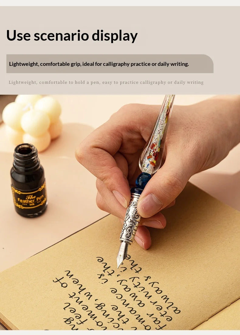 Creative Starry Sky Gold Crystal Glass Retro Student Calligraphy Metal Dip Pen Set with Stainless Steel Tip in Gift Box