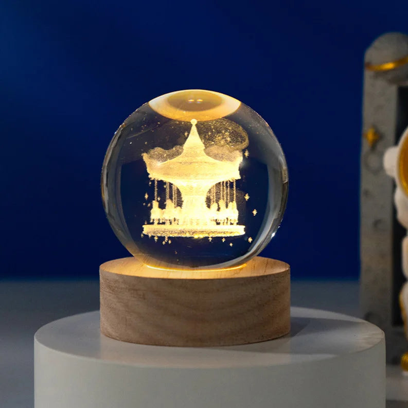 6CM 8cm 3D Art Crystal Ball USB Night Light Moon Planet Solar System Astronaut Led Light Glass Ball LED Lamp With Wood Base