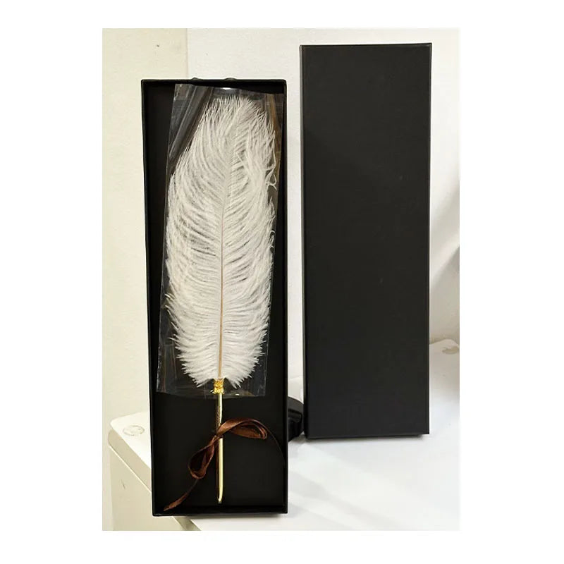 High Quality White Ostrich Quill Pen with Black Gift Box
