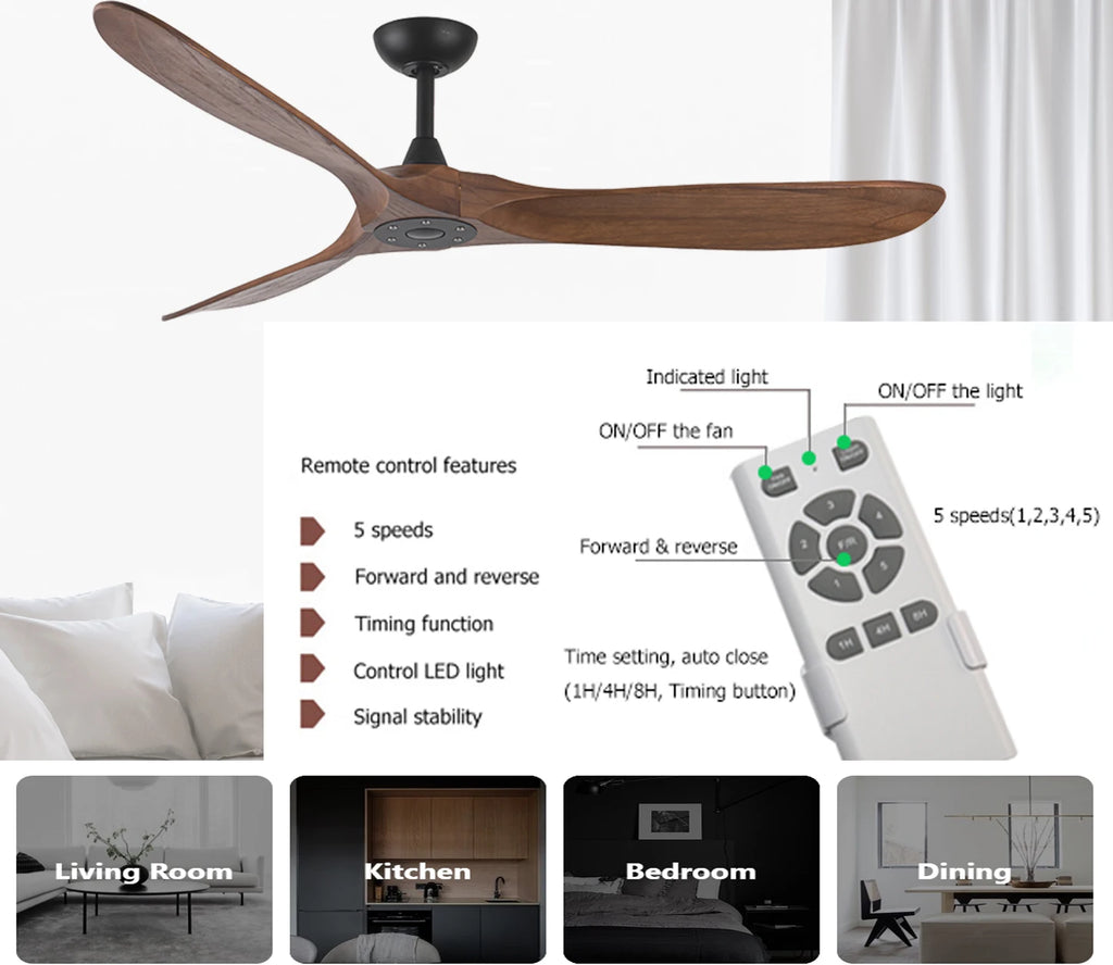 Nordic Hot Sale Modern 60" 3 High End Solid Wooden Wood Blades Remote DC Forward Reverse Motor Function Ceiling Fan No Light