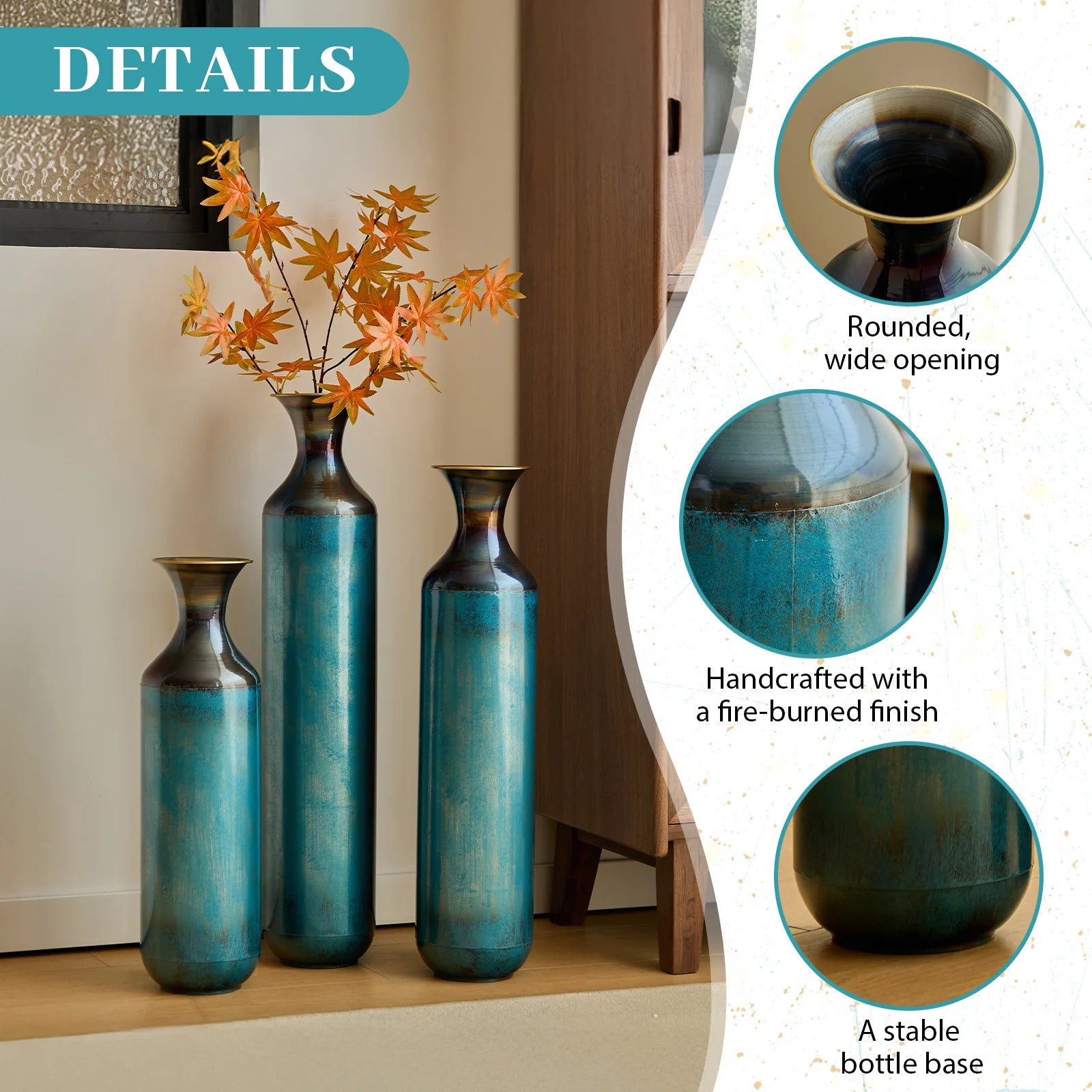 Tall Blue Burnt Finish Torch-Fired Metal Floor Vase Set 3 28.34 24.4 20.4 Inch Rustic Flower Vases for Home Decor