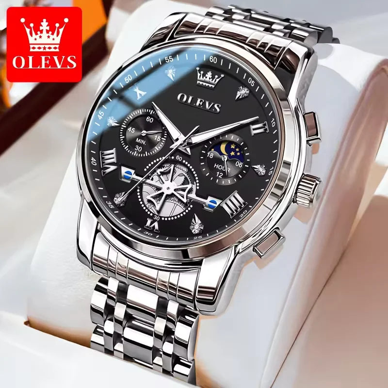 OLEVS 2856 Luxury OEM Custom Stainless Steel Tourbillon Style Multifunctional Chronograph Sport Fashion Quartz Watch for Man
