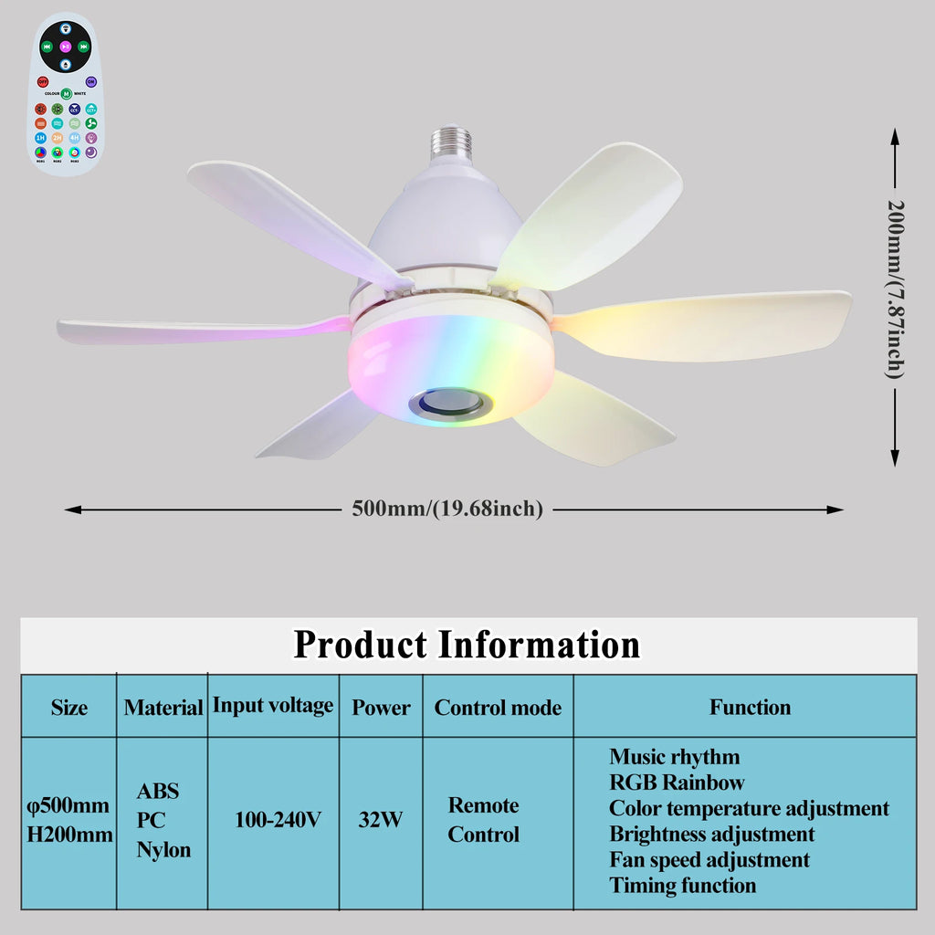 Ceiling Led Fan Light Moving Head Intelligent Dimming Fan Bulb Home Decor 360 Rotating Remote Control Modern E27 Ceiling Fan
