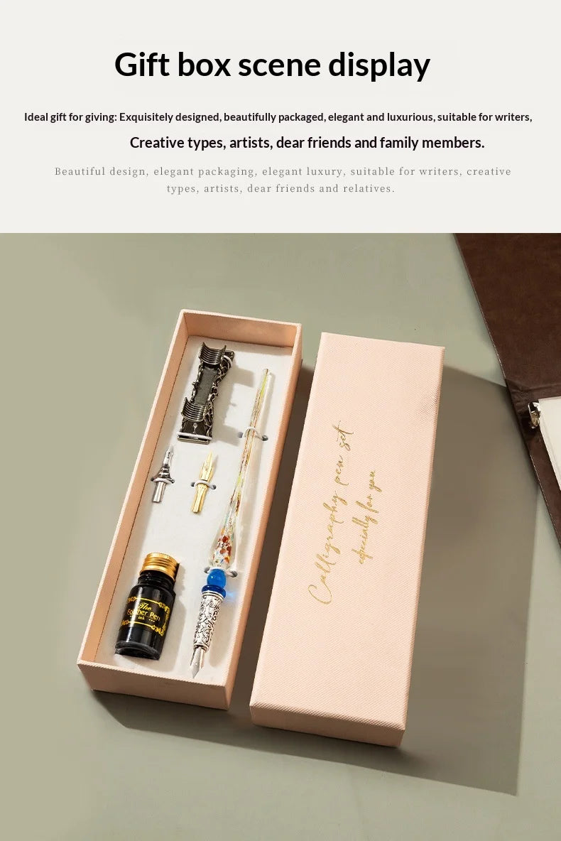 Creative Starry Sky Gold Crystal Glass Retro Student Calligraphy Metal Dip Pen Set with Stainless Steel Tip in Gift Box