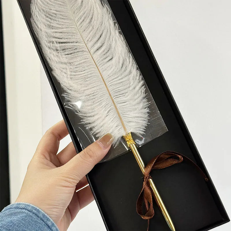 High Quality White Ostrich Quill Pen with Black Gift Box