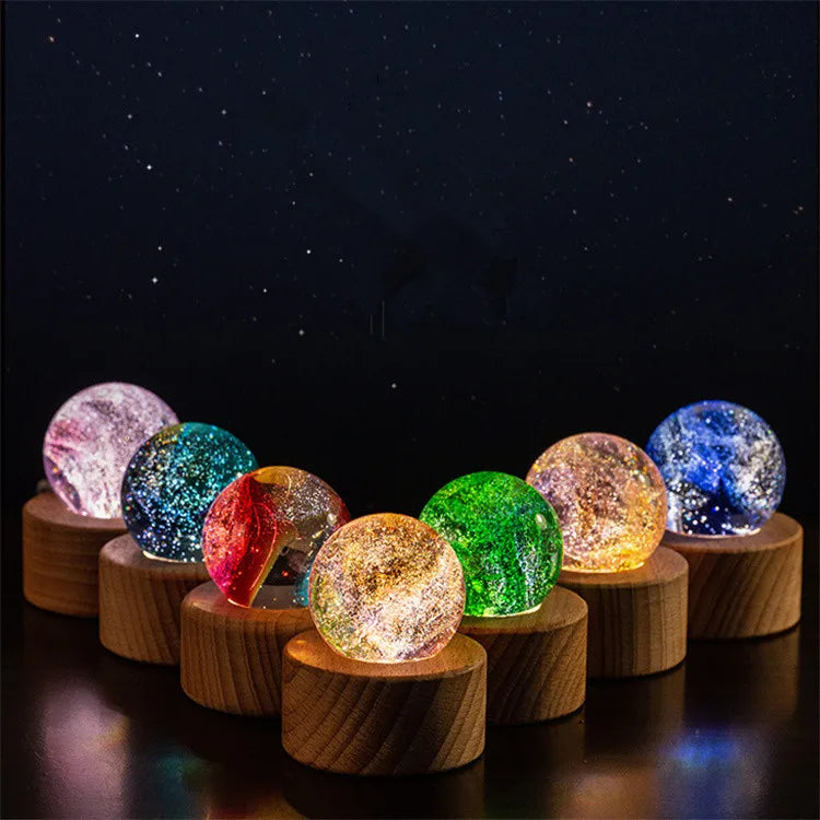 3D Colorful Lamp Warm Colour Solar System Crystal Ball USB Glowing Planet Desktop Led Night Light With Wood Base