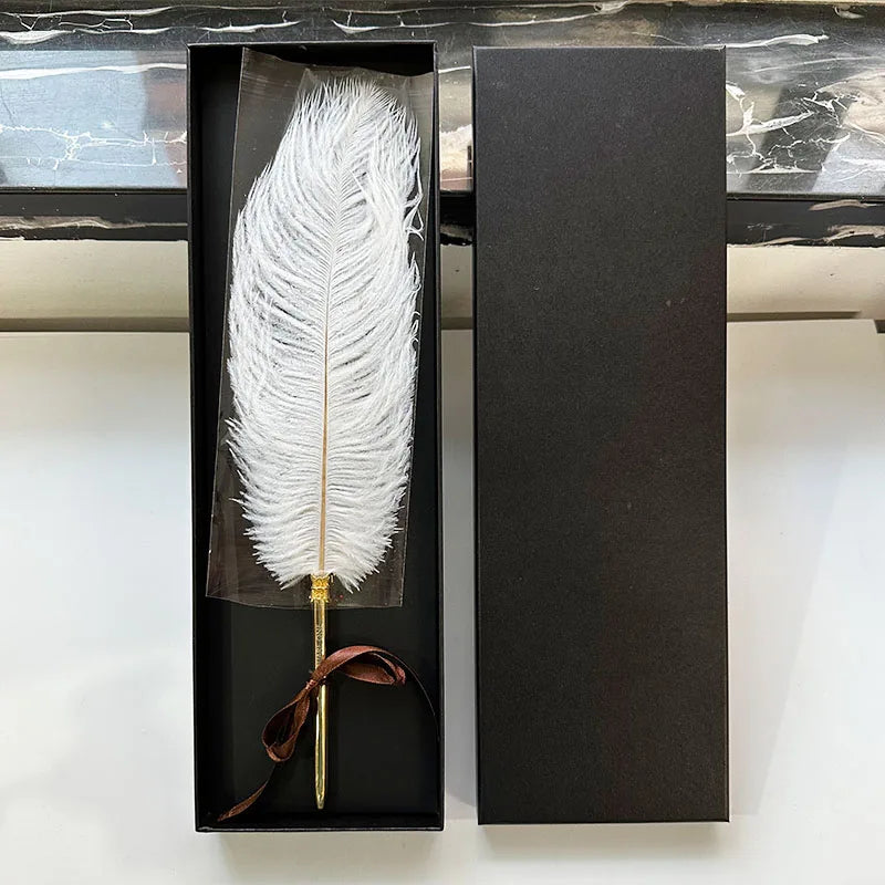 High Quality White Ostrich Quill Pen with Black Gift Box