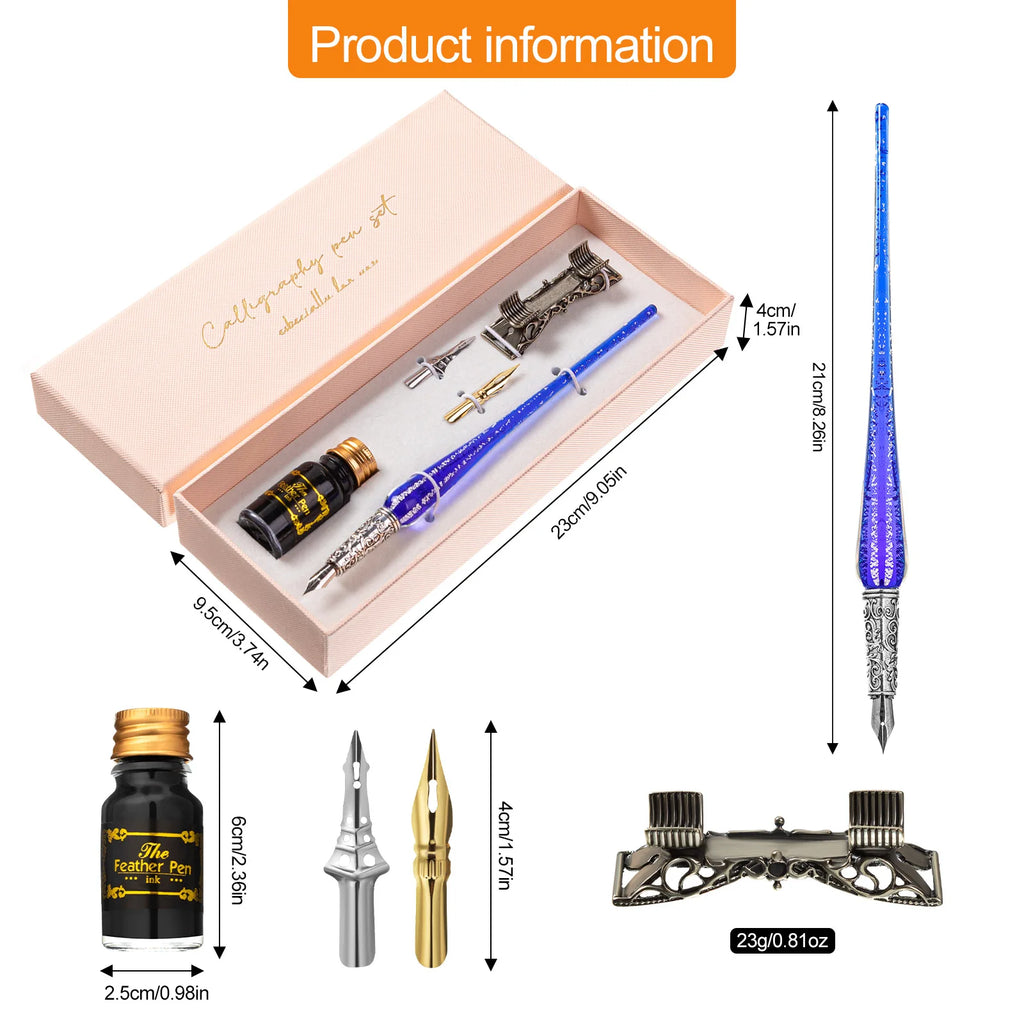 Creative Starry Sky Gold Crystal Glass Retro Student Calligraphy Metal Dip Pen Set with Stainless Steel Tip in Gift Box
