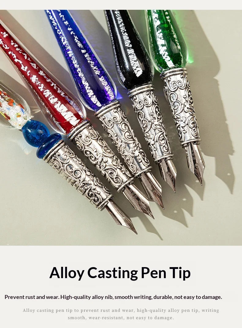 Creative Starry Sky Gold Crystal Glass Retro Student Calligraphy Metal Dip Pen Set with Stainless Steel Tip in Gift Box