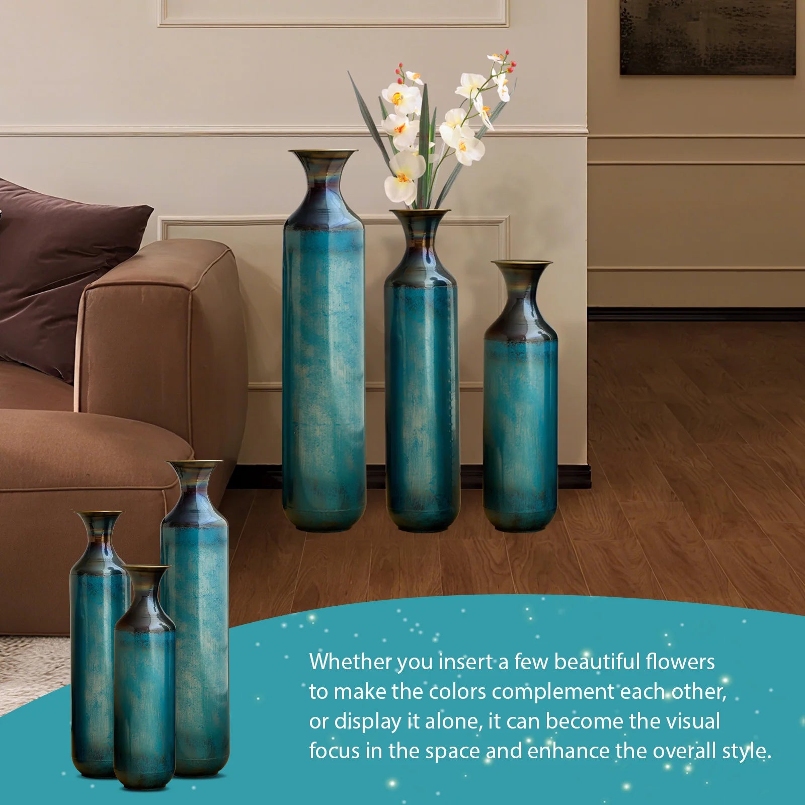 Tall Blue Burnt Finish Torch-Fired Metal Floor Vase Set 3 28.34 24.4 20.4 Inch Rustic Flower Vases for Home Decor
