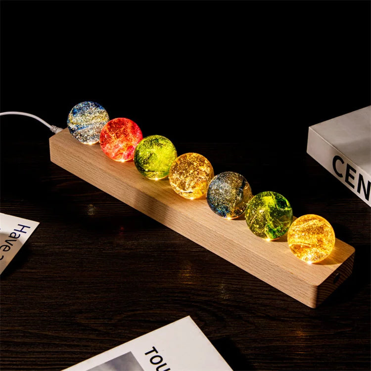 3D Colorful Lamp Warm Colour Solar System Crystal Ball USB Glowing Planet Desktop Led Night Light With Wood Base