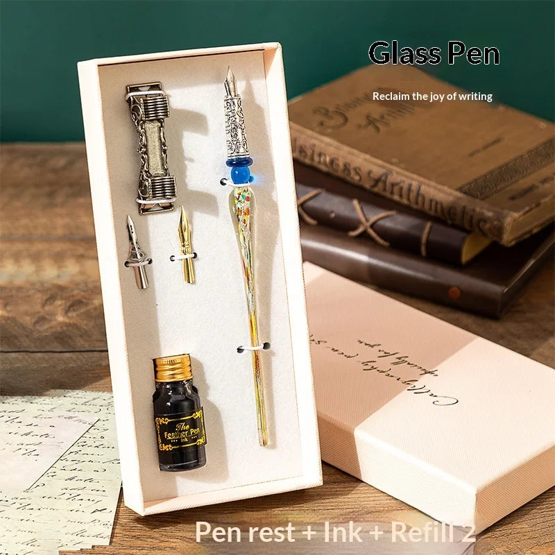 Creative Starry Sky Gold Crystal Glass Retro Student Calligraphy Metal Dip Pen Set with Stainless Steel Tip in Gift Box