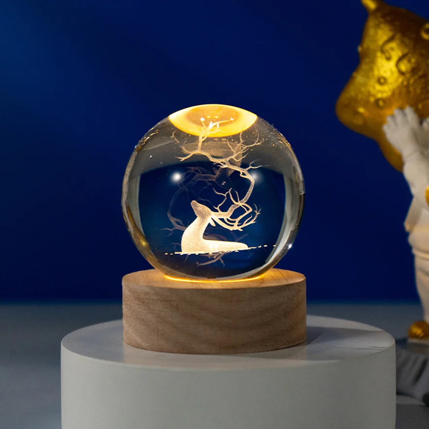 6CM 8cm 3D Art Crystal Ball USB Night Light Moon Planet Solar System Astronaut Led Light Glass Ball LED Lamp With Wood Base