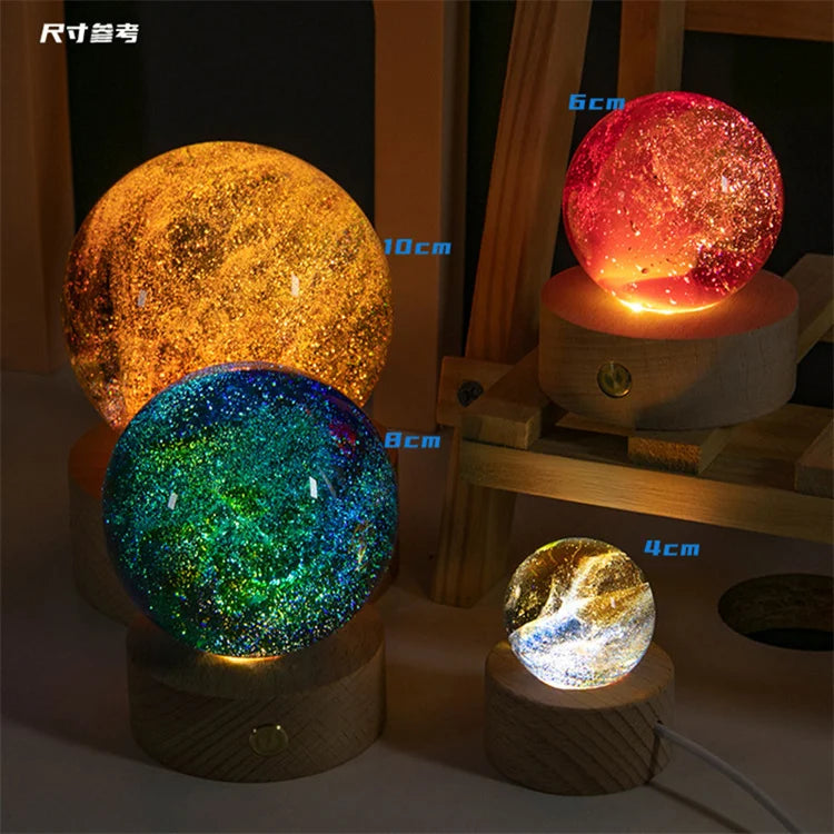 3D Colorful Lamp Warm Colour Solar System Crystal Ball USB Glowing Planet Desktop Led Night Light With Wood Base