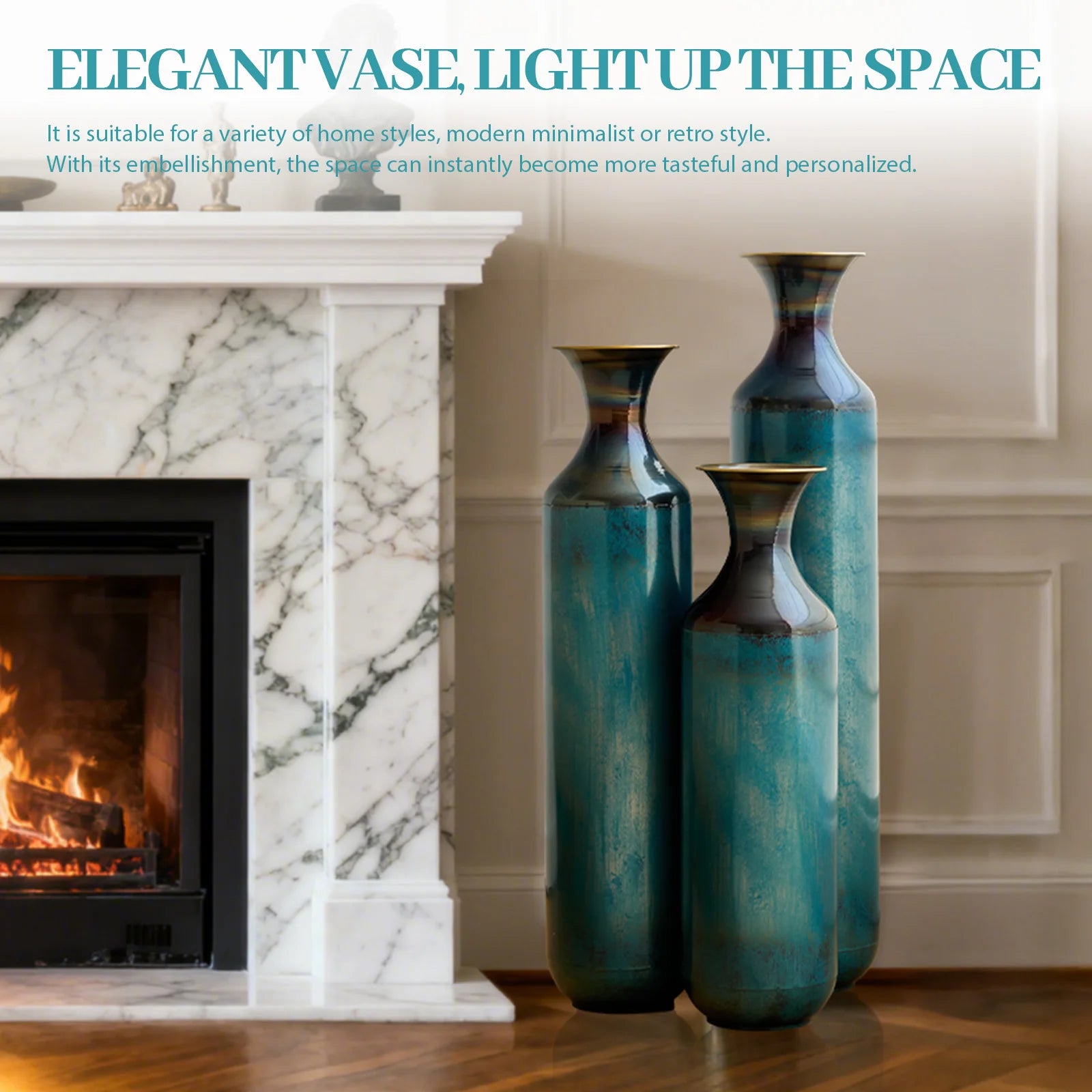 Tall Blue Burnt Finish Torch-Fired Metal Floor Vase Set 3 28.34 24.4 20.4 Inch Rustic Flower Vases for Home Decor