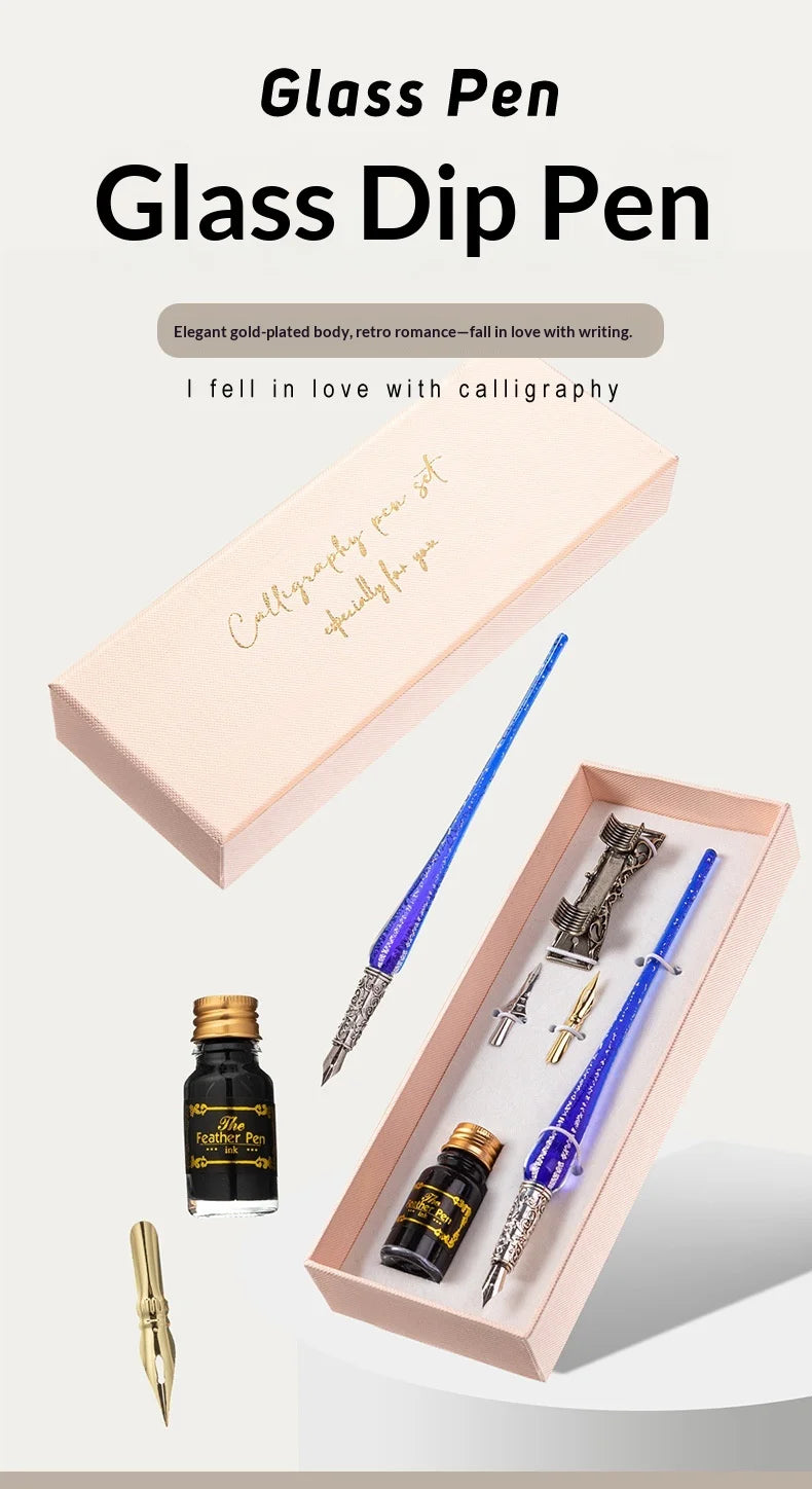 Creative Starry Sky Gold Crystal Glass Retro Student Calligraphy Metal Dip Pen Set with Stainless Steel Tip in Gift Box