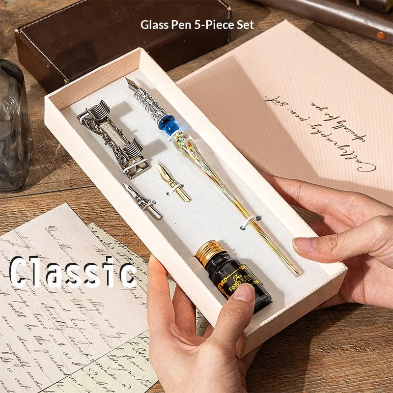Creative Starry Sky Gold Crystal Glass Retro Student Calligraphy Metal Dip Pen Set with Stainless Steel Tip in Gift Box