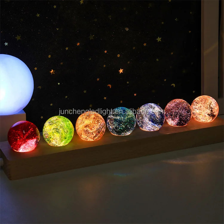 3D Colorful Lamp Warm Colour Solar System Crystal Ball USB Glowing Planet Desktop Led Night Light With Wood Base