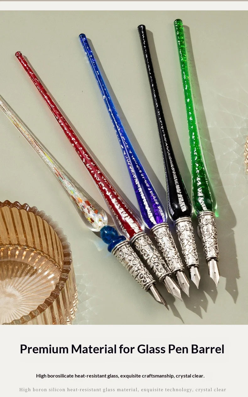 Creative Starry Sky Gold Crystal Glass Retro Student Calligraphy Metal Dip Pen Set with Stainless Steel Tip in Gift Box