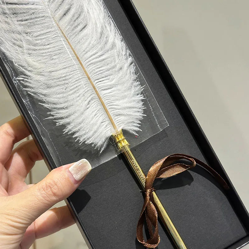 High Quality White Ostrich Quill Pen with Black Gift Box