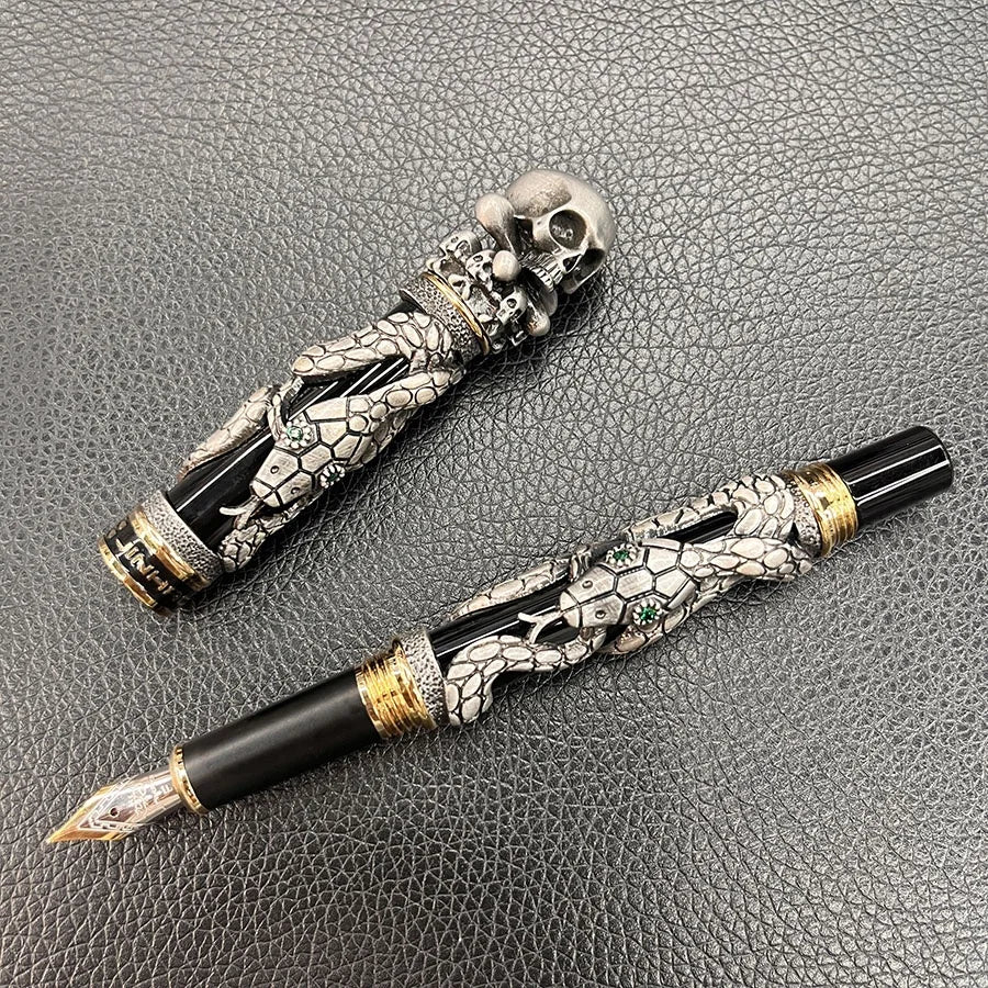 Jinhao Black Snake Fountain Pen Medium Nib Retro Style With Skull Head Solid Metal Design Calligraphy Pen