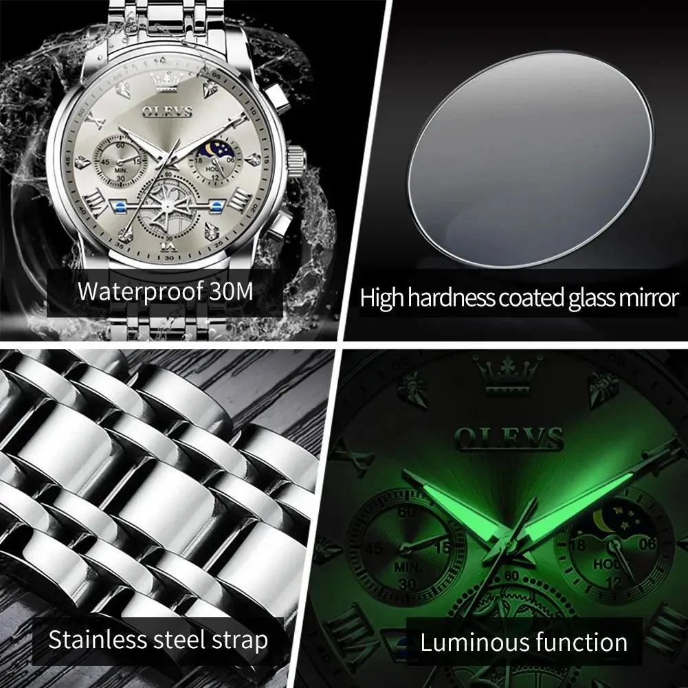 OLEVS 2856 Luxury OEM Custom Stainless Steel Tourbillon Style Multifunctional Chronograph Sport Fashion Quartz Watch for Man