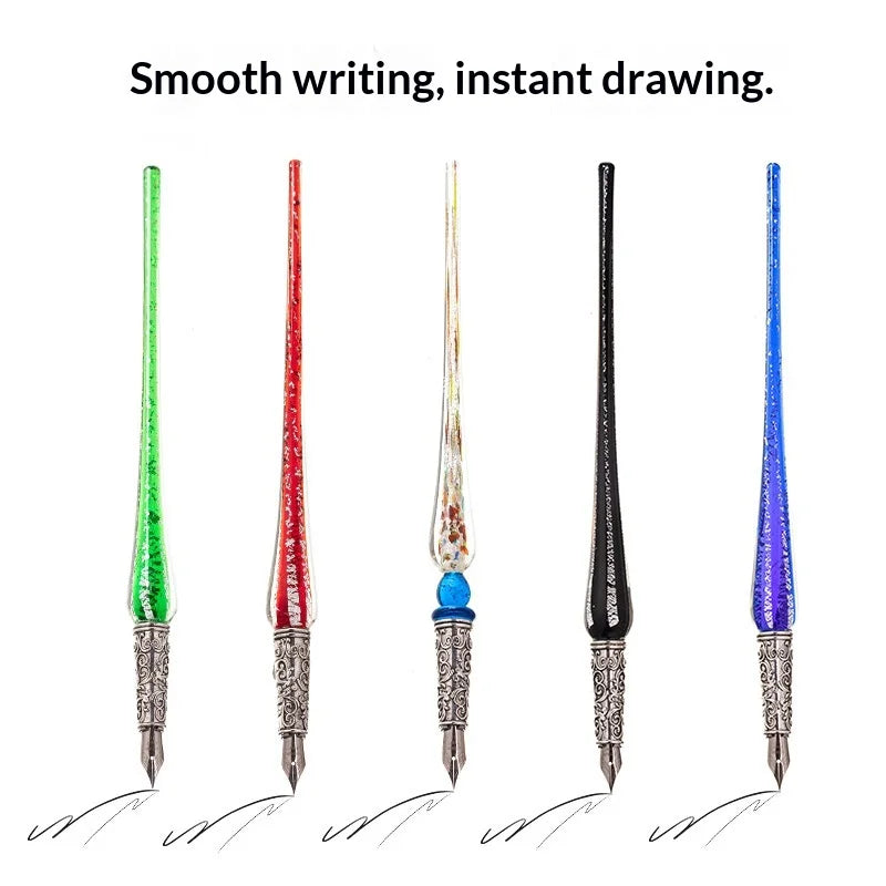 Creative Starry Sky Gold Crystal Glass Retro Student Calligraphy Metal Dip Pen Set with Stainless Steel Tip in Gift Box