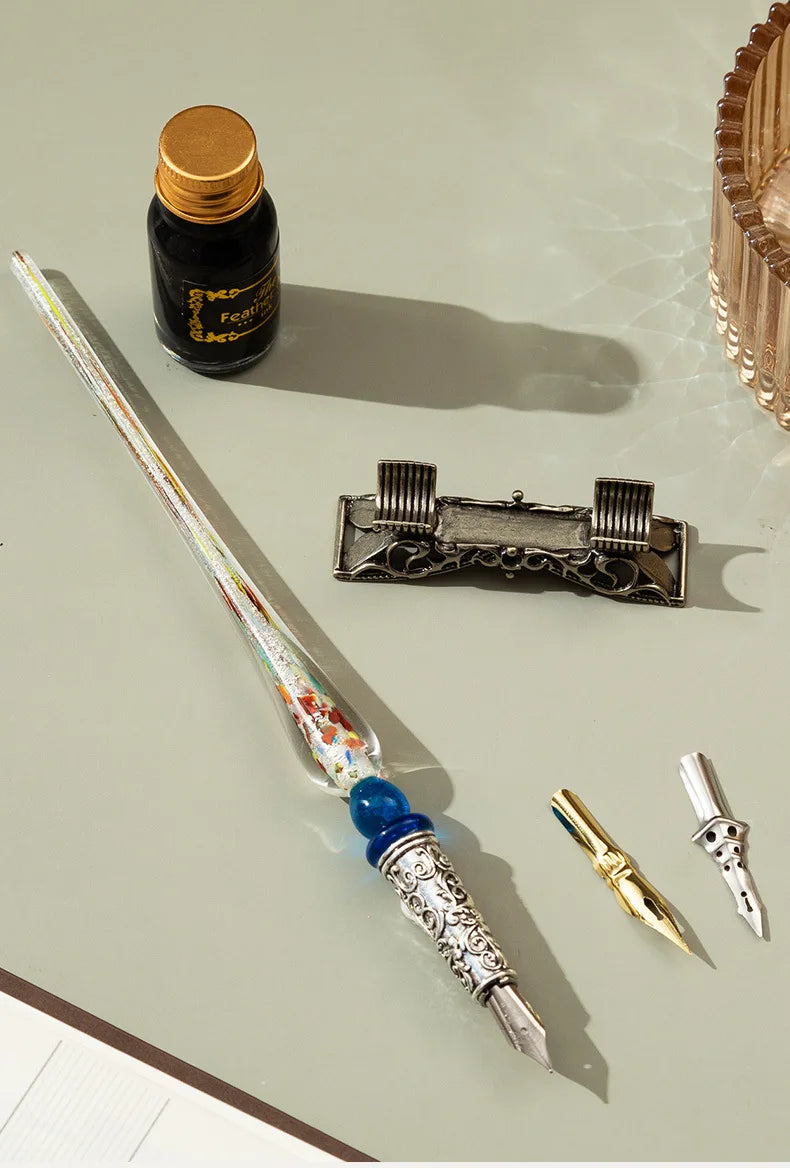Creative Starry Sky Gold Crystal Glass Retro Student Calligraphy Metal Dip Pen Set with Stainless Steel Tip in Gift Box
