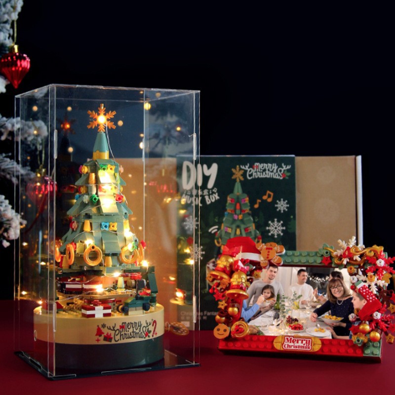 Genuine Jiaqi 1302 Colorful Christmas Tree Building Blocks Rotating Music Box Chinese Christmas Building Blocks Gift