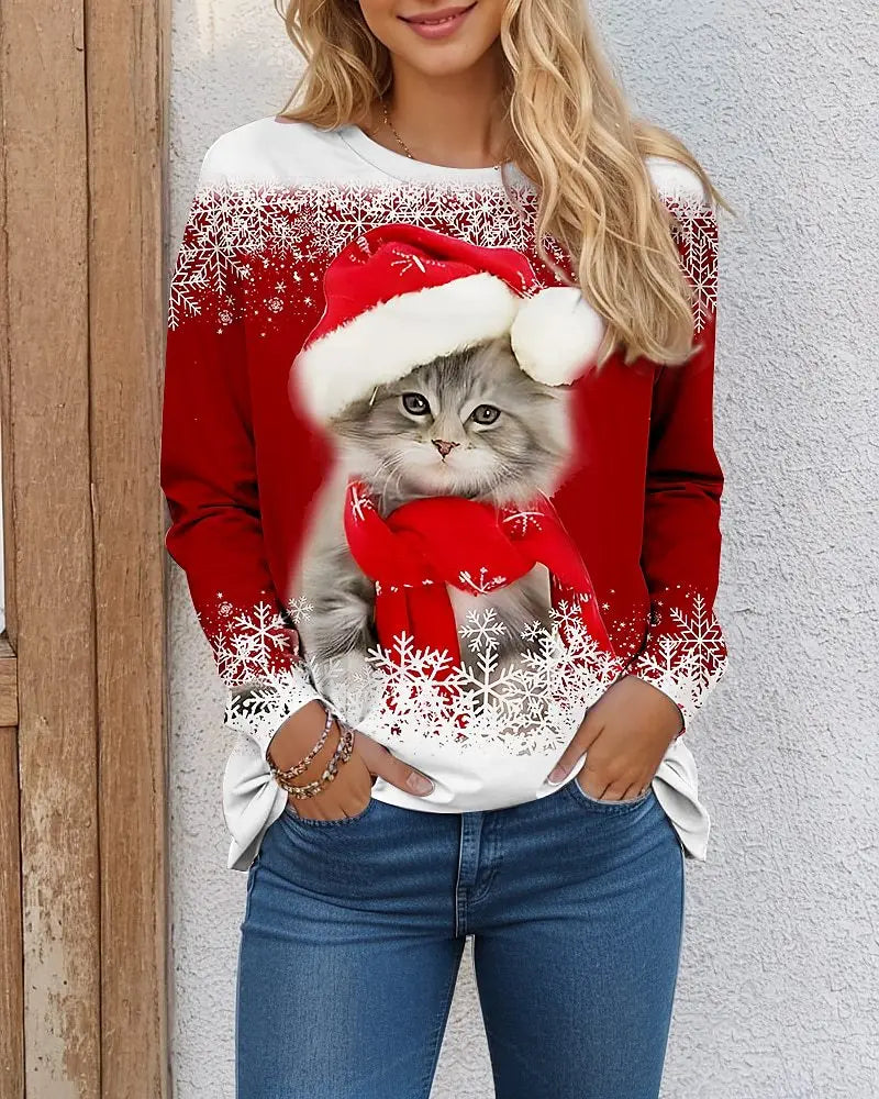 Funny Christmas Cat Pattern Women T-Shirts Long Sleeve Christmas Snowflakes 3D Printed Street Ladies Men Plus Size Casual Tops