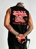 Men's Summer American High-Street Retro Print Tank Top: Streetwear Hip-Hop Style, Loose-Fit, Round Neck, Sleeveless Top