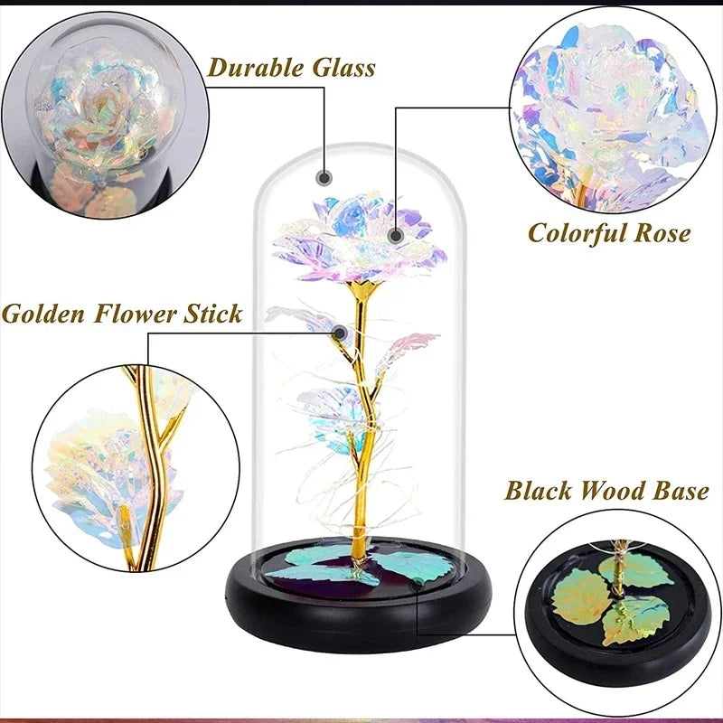 LED Night Light Transparent Permanent Flower Glass Cover Foil Artificial Flower Valentine's Day Gift Creative Ornaments