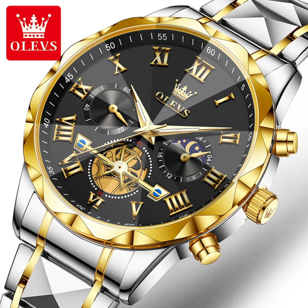 OLEVS 2709 Men's Watches New Luxury Original Skeleton Flywheel Design Moon Phase Chronograph Original Quartz Wrist Watch for Man